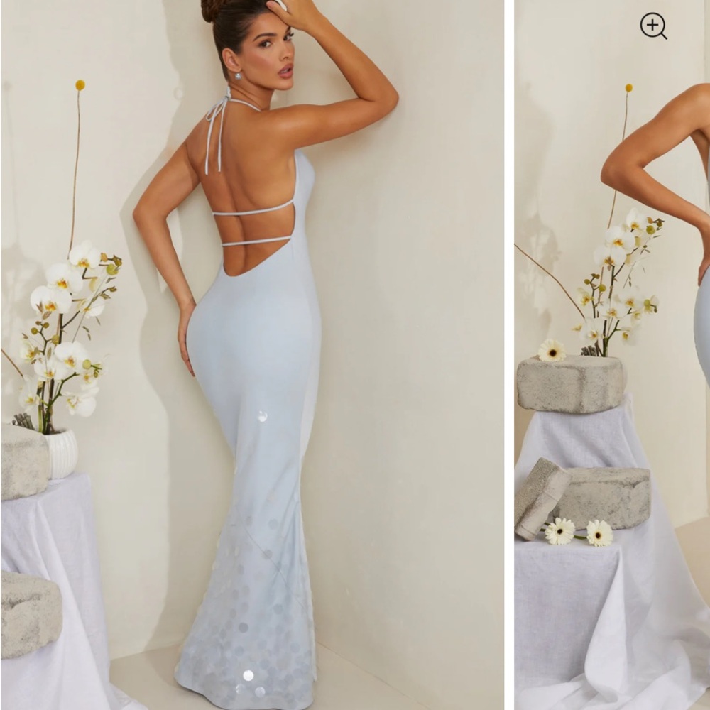 Cowl Neck Embellished Satin Madi Dress in Blue- Oh Polly